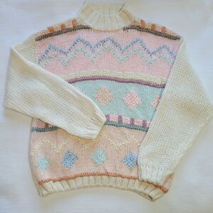 Vintage ONE STEP UP 80s Pastel Pink Hand Knit Sweater Size L Grandma Easter